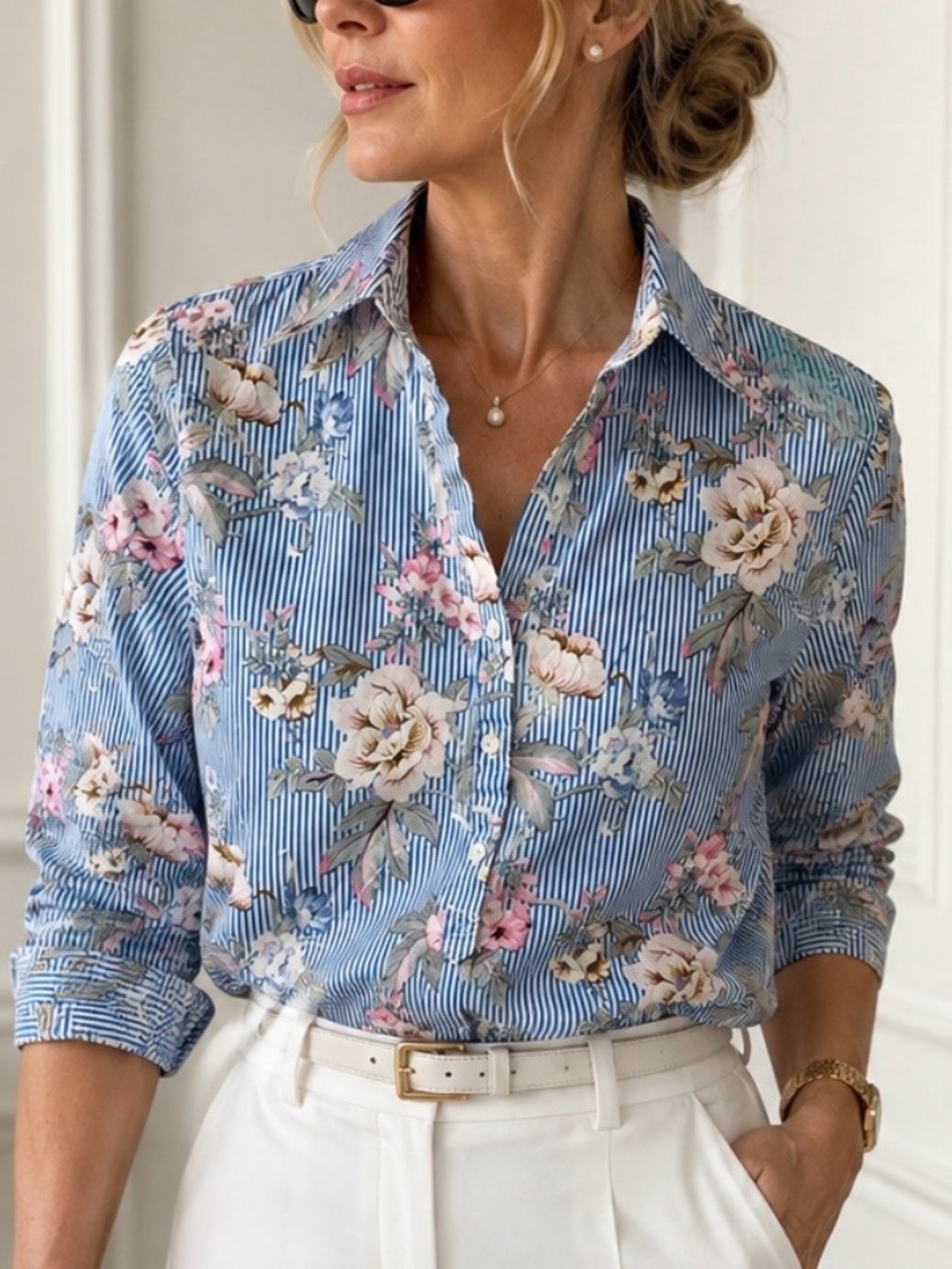 Talbots Floral Stripe Button-Up Shirt - Light Blue